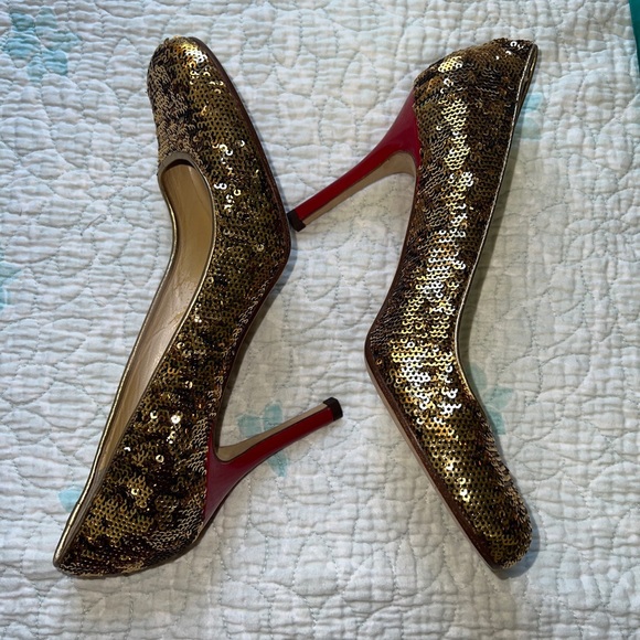 KATE SPADE KAROLINA Size 6 B Gold Sequin Red Heel Pumps Shoes - Picture 6 of 10